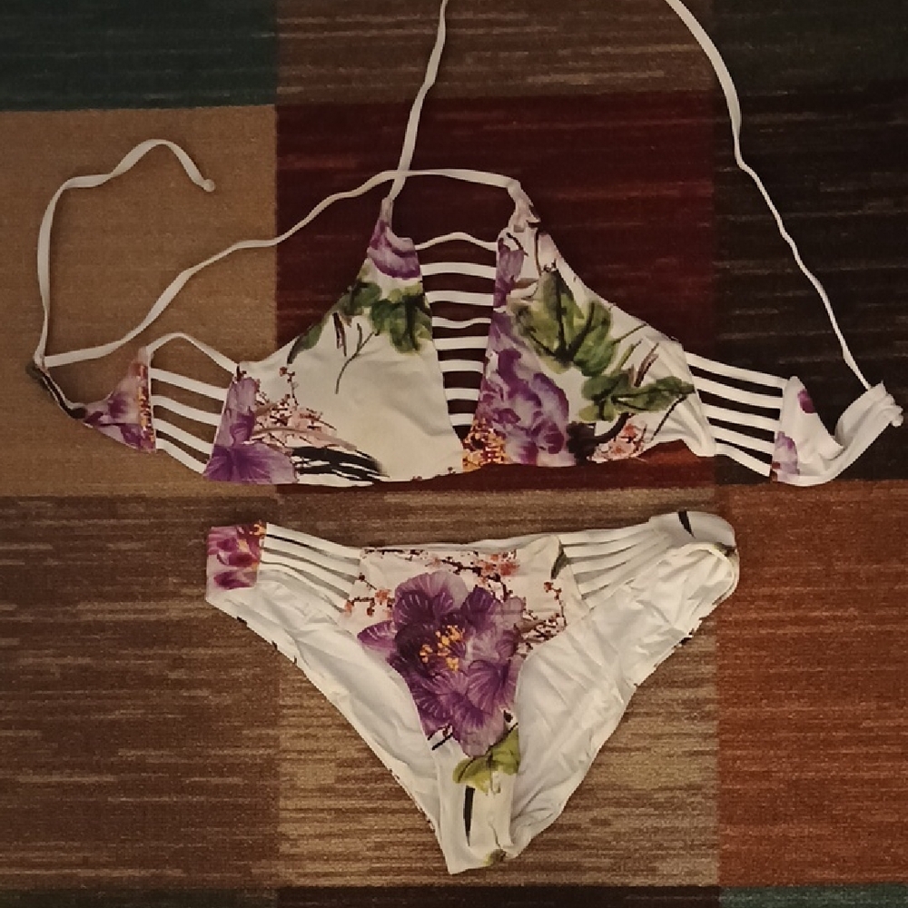 Floral Bikini Set with Purple and Green Accents
